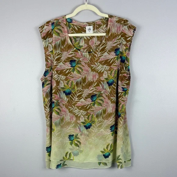 CAbi Tropical Orchid Print Parlor Sleeveless Double Layered Chiffon XL Blouse - Picture 2 of 13